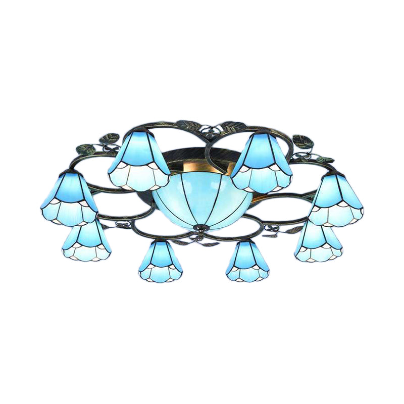 Rustic Conical Semi Flush Mount Stained Glass 9/5 Lights Semi Flush Light in Blue for Stairway Clearhalo 'Ceiling Lights' 'Chandeliers' 'Close To Ceiling Lights' 'Close to ceiling' 'Glass shade' 'Glass' 'Semi-flushmount' 'Tiffany close to ceiling' 'Tiffany' Lighting' 181216