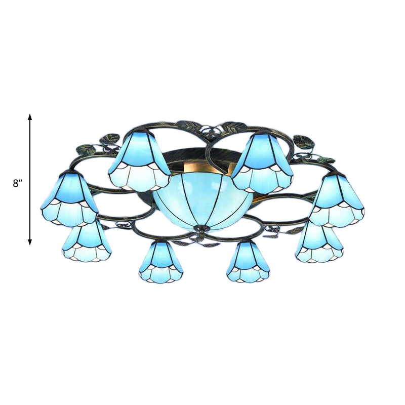 Rustic Conical Semi Flush Mount Stained Glass 9/5 Lights Semi Flush Light in Blue for Stairway Clearhalo 'Ceiling Lights' 'Chandeliers' 'Close To Ceiling Lights' 'Close to ceiling' 'Glass shade' 'Glass' 'Semi-flushmount' 'Tiffany close to ceiling' 'Tiffany' Lighting' 181217