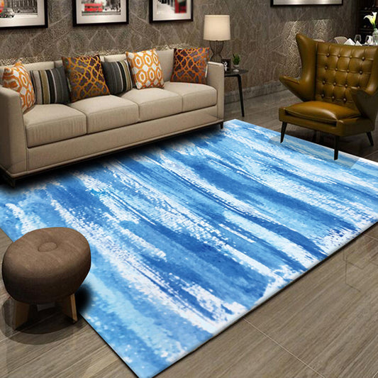 Multicolor Abstract Striped Pattern Rug Polyester Industrial Rug Pet Friendly Washable Non-Slip Area Rug for Living Room Sky Blue