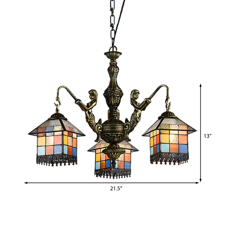 Small House Pendant Chandelier 3 Lights Stained Glass Tiffany Hanging Fixture in Clear/Blue Clearhalo 'Ceiling Lights' 'Chandeliers' 'Clear' 'Close To Ceiling Lights' 'Industrial' 'Middle Century Chandeliers' 'Modern' 'Tiffany Chandeliers' 'Tiffany close to ceiling' 'Tiffany' 'Traditional Chandeliers' Lighting' 181236