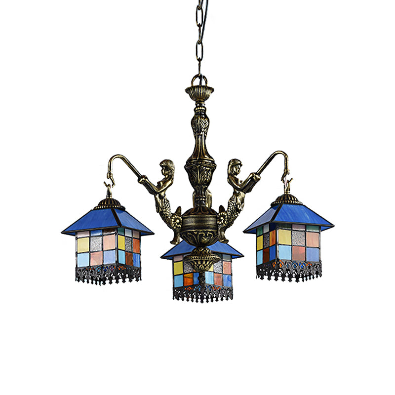 Small House Pendant Chandelier 3 Lights Stained Glass Tiffany Hanging Fixture in Clear/Blue Clearhalo 'Ceiling Lights' 'Chandeliers' 'Clear' 'Close To Ceiling Lights' 'Industrial' 'Middle Century Chandeliers' 'Modern' 'Tiffany Chandeliers' 'Tiffany close to ceiling' 'Tiffany' 'Traditional Chandeliers' Lighting' 181238