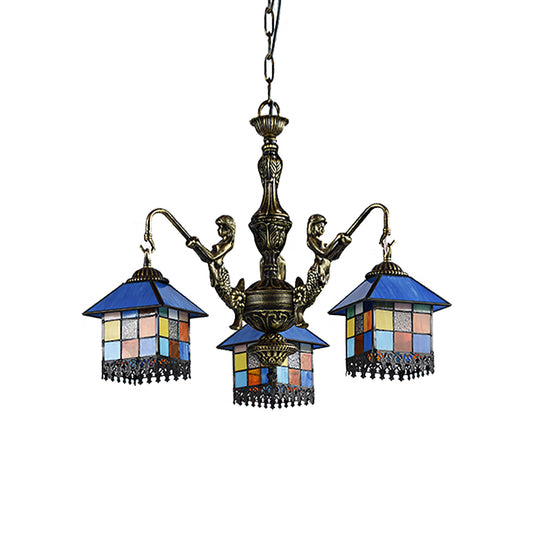 Small House Pendant Chandelier 3 Lights Stained Glass Tiffany Hanging Fixture in Clear/Blue Clearhalo 'Ceiling Lights' 'Chandeliers' 'Clear' 'Close To Ceiling Lights' 'Industrial' 'Middle Century Chandeliers' 'Modern' 'Tiffany Chandeliers' 'Tiffany close to ceiling' 'Tiffany' 'Traditional Chandeliers' Lighting' 181238