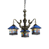 Small House Pendant Chandelier 3 Lights Stained Glass Tiffany Hanging Fixture in Clear/Blue Clearhalo 'Ceiling Lights' 'Chandeliers' 'Clear' 'Close To Ceiling Lights' 'Industrial' 'Middle Century Chandeliers' 'Modern' 'Tiffany Chandeliers' 'Tiffany close to ceiling' 'Tiffany' 'Traditional Chandeliers' Lighting' 181238