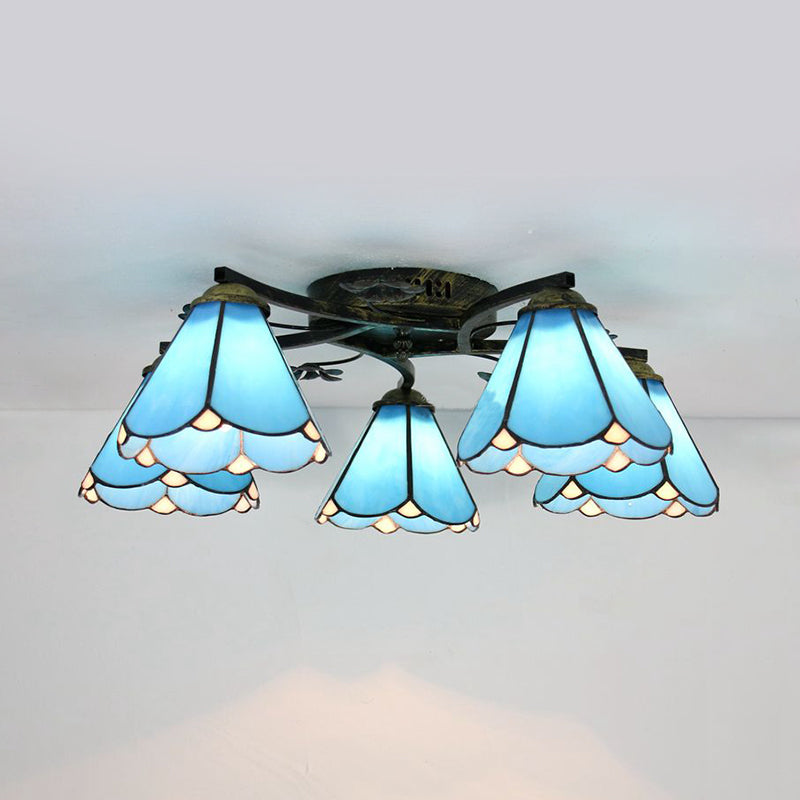 Blue Glass Cone Ceiling Light Tiffany Style 5/3 Lights Semi Flush Light with Flower for Living Room 5 Blue Clearhalo 'Ceiling Lights' 'Chandeliers' 'Close To Ceiling Lights' 'Close to ceiling' 'Glass shade' 'Glass' 'Semi-flushmount' 'Tiffany close to ceiling' 'Tiffany' Lighting' 181247
