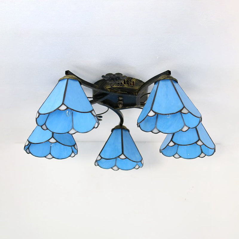 Blue Glass Cone Ceiling Light Tiffany Style 5/3 Lights Semi Flush Light with Flower for Living Room Clearhalo 'Ceiling Lights' 'Chandeliers' 'Close To Ceiling Lights' 'Close to ceiling' 'Glass shade' 'Glass' 'Semi-flushmount' 'Tiffany close to ceiling' 'Tiffany' Lighting' 181248