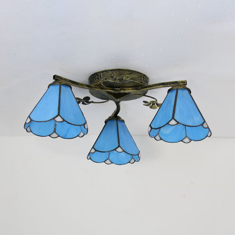 Blue Glass Cone Ceiling Light Tiffany Style 5/3 Lights Semi Flush Light with Flower for Living Room Clearhalo 'Ceiling Lights' 'Chandeliers' 'Close To Ceiling Lights' 'Close to ceiling' 'Glass shade' 'Glass' 'Semi-flushmount' 'Tiffany close to ceiling' 'Tiffany' Lighting' 181252