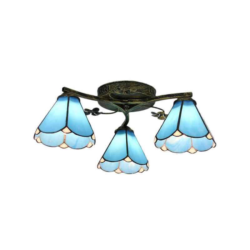 Blue Glass Cone Ceiling Light Tiffany Style 5/3 Lights Semi Flush Light with Flower for Living Room Clearhalo 'Ceiling Lights' 'Chandeliers' 'Close To Ceiling Lights' 'Close to ceiling' 'Glass shade' 'Glass' 'Semi-flushmount' 'Tiffany close to ceiling' 'Tiffany' Lighting' 181253