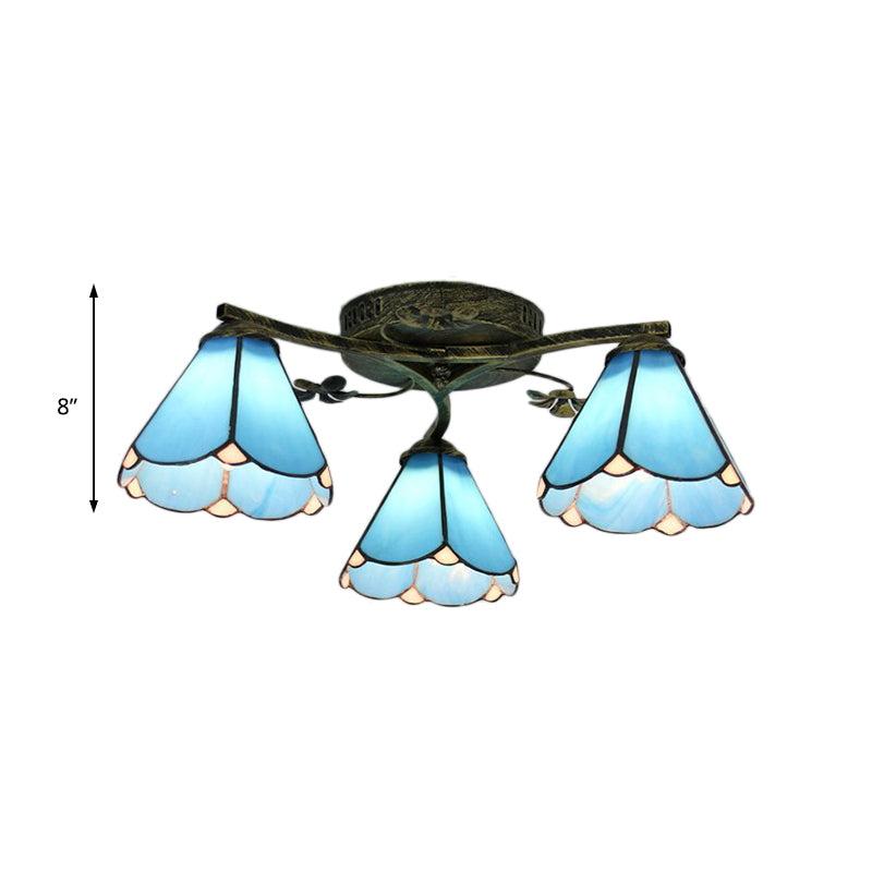 Blue Glass Cone Ceiling Light Tiffany Style 5/3 Lights Semi Flush Light with Flower for Living Room Clearhalo 'Ceiling Lights' 'Chandeliers' 'Close To Ceiling Lights' 'Close to ceiling' 'Glass shade' 'Glass' 'Semi-flushmount' 'Tiffany close to ceiling' 'Tiffany' Lighting' 181254