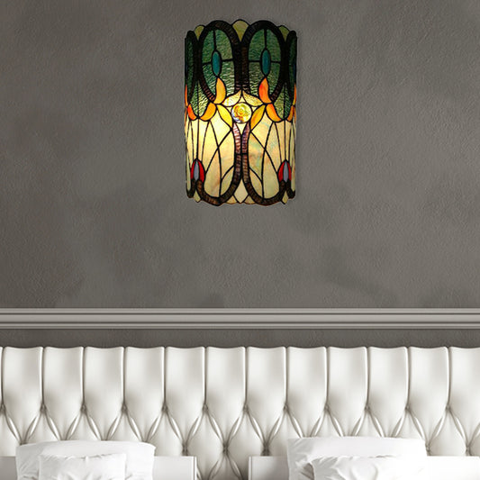 Column Wall Sconce Tiffany Stained Glass 2 Lights Wall Mount Light for Living Room Light Green Clearhalo 'Industrial' 'Middle century wall lights' 'Tiffany wall lights' 'Tiffany' 'Wall Lamps & Sconces' 'Wall Lights' Lighting' 181255