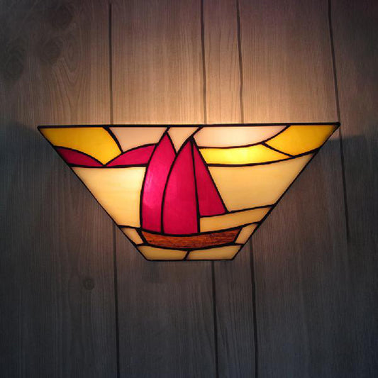 Trapezoid Wall Mount Light with Sailboat Stained Glass Nautical 1 Light Wall Sconce for Outdoor Dark Red Clearhalo 'Industrial' 'Middle century wall lights' 'Tiffany wall lights' 'Tiffany' 'Wall Lamps & Sconces' 'Wall Lights' Lighting' 181268