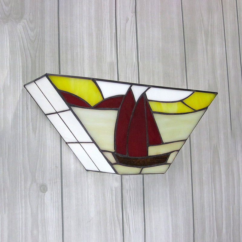 Trapezoid Wall Mount Light with Sailboat Stained Glass Nautical 1 Light Wall Sconce for Outdoor Clearhalo 'Industrial' 'Middle century wall lights' 'Tiffany wall lights' 'Tiffany' 'Wall Lamps & Sconces' 'Wall Lights' Lighting' 181269