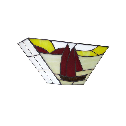 Trapezoid Wall Mount Light with Sailboat Stained Glass Nautical 1 Light Wall Sconce for Outdoor Clearhalo 'Industrial' 'Middle century wall lights' 'Tiffany wall lights' 'Tiffany' 'Wall Lamps & Sconces' 'Wall Lights' Lighting' 181270