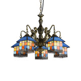 House Stained Glass Chandelier Lamp Tiffany Style 5 Lights Clear/Blue Pendant Lighting Clearhalo 'Ceiling Lights' 'Chandeliers' 'Clear' 'Industrial' 'Middle Century Chandeliers' 'Modern' 'Tiffany Chandeliers' 'Tiffany close to ceiling' 'Tiffany' 'Traditional Chandeliers' Lighting' 181274
