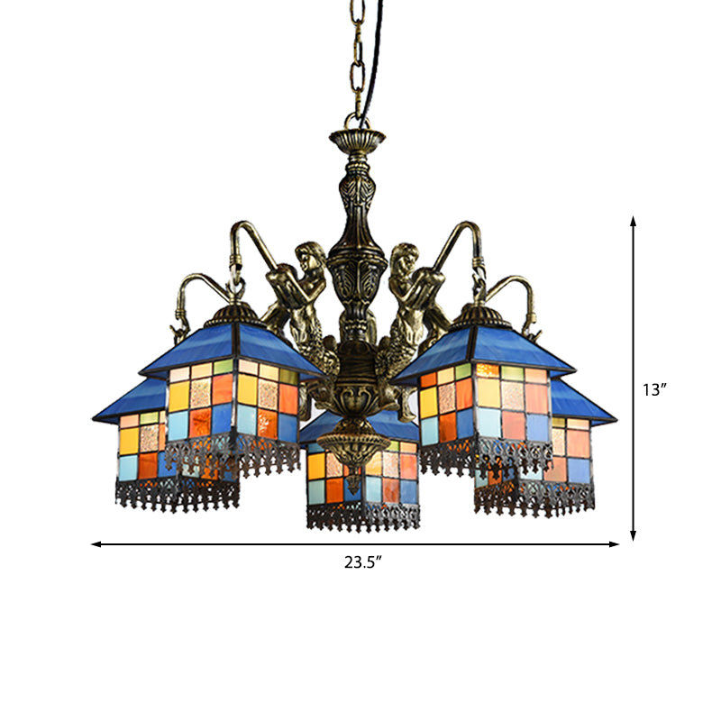 House Stained Glass Chandelier Lamp Tiffany Style 5 Lights Clear/Blue Pendant Lighting Clearhalo 'Ceiling Lights' 'Chandeliers' 'Clear' 'Industrial' 'Middle Century Chandeliers' 'Modern' 'Tiffany Chandeliers' 'Tiffany close to ceiling' 'Tiffany' 'Traditional Chandeliers' Lighting' 181275