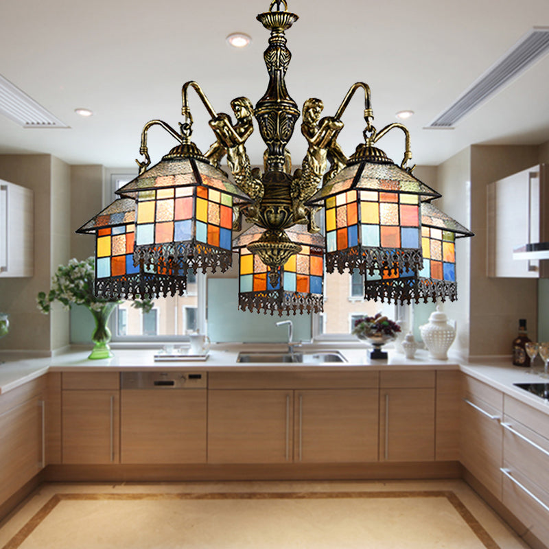 House Stained Glass Chandelier Lamp Tiffany Style 5 Lights Clear/Blue Pendant Lighting Clear Clearhalo 'Ceiling Lights' 'Chandeliers' 'Clear' 'Industrial' 'Middle Century Chandeliers' 'Modern' 'Tiffany Chandeliers' 'Tiffany close to ceiling' 'Tiffany' 'Traditional Chandeliers' Lighting' 181277