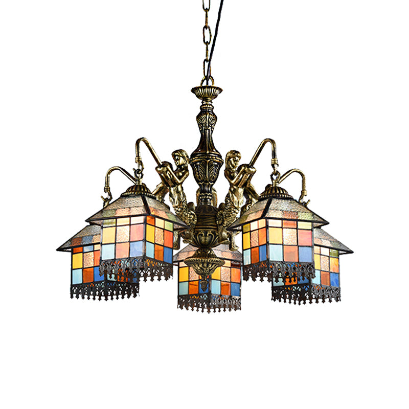 House Stained Glass Chandelier Lamp Tiffany Style 5 Lights Clear/Blue Pendant Lighting Clearhalo 'Ceiling Lights' 'Chandeliers' 'Clear' 'Industrial' 'Middle Century Chandeliers' 'Modern' 'Tiffany Chandeliers' 'Tiffany close to ceiling' 'Tiffany' 'Traditional Chandeliers' Lighting' 181278