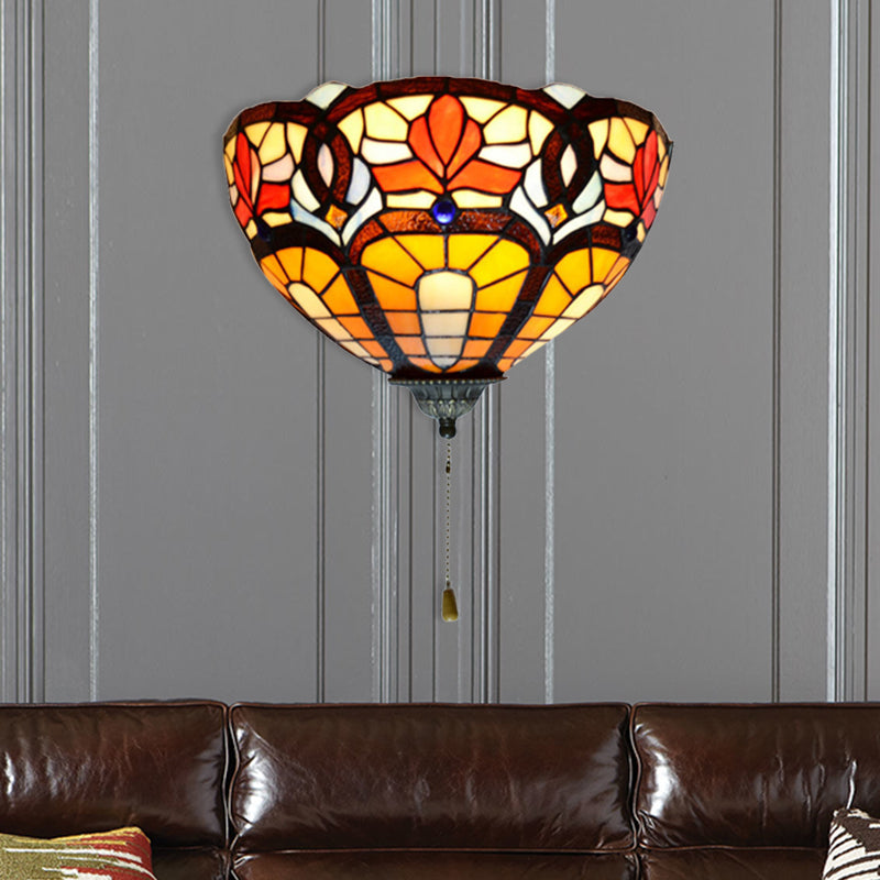 Stained Glass Bowl Wall Lamp with Flower Pattern and Pull Chain 1 Light Victorian Wall Sconce Orange-Yellow Clearhalo 'Industrial' 'Middle century wall lights' 'Tiffany wall lights' 'Tiffany' 'Wall Lamps & Sconces' 'Wall Lights' Lighting' 181293