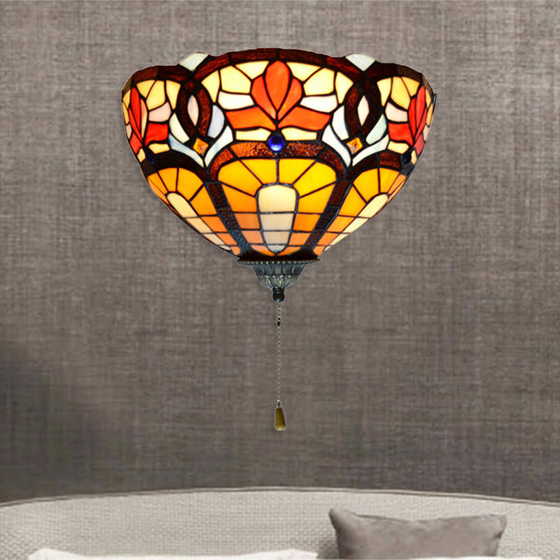Stained Glass Bowl Wall Lamp with Flower Pattern and Pull Chain 1 Light Victorian Wall Sconce Clearhalo 'Industrial' 'Middle century wall lights' 'Tiffany wall lights' 'Tiffany' 'Wall Lamps & Sconces' 'Wall Lights' Lighting' 181294