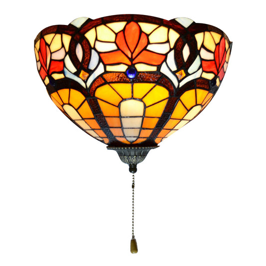 Stained Glass Bowl Wall Lamp with Flower Pattern and Pull Chain 1 Light Victorian Wall Sconce Clearhalo 'Industrial' 'Middle century wall lights' 'Tiffany wall lights' 'Tiffany' 'Wall Lamps & Sconces' 'Wall Lights' Lighting' 181295