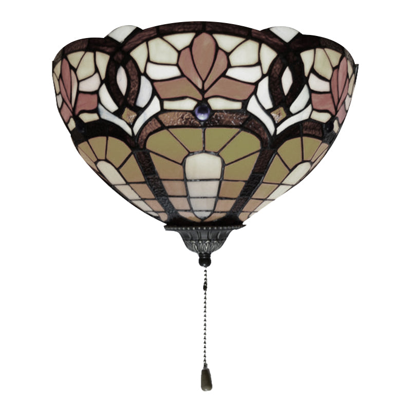 Stained Glass Bowl Wall Lamp with Flower Pattern and Pull Chain 1 Light Victorian Wall Sconce Clearhalo 'Industrial' 'Middle century wall lights' 'Tiffany wall lights' 'Tiffany' 'Wall Lamps & Sconces' 'Wall Lights' Lighting' 181296