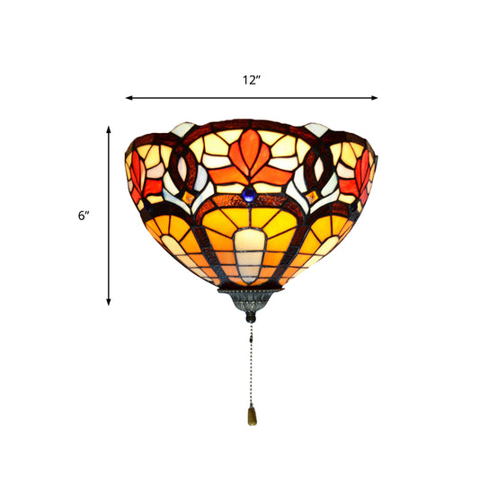Stained Glass Bowl Wall Lamp with Flower Pattern and Pull Chain 1 Light Victorian Wall Sconce Clearhalo 'Industrial' 'Middle century wall lights' 'Tiffany wall lights' 'Tiffany' 'Wall Lamps & Sconces' 'Wall Lights' Lighting' 181297