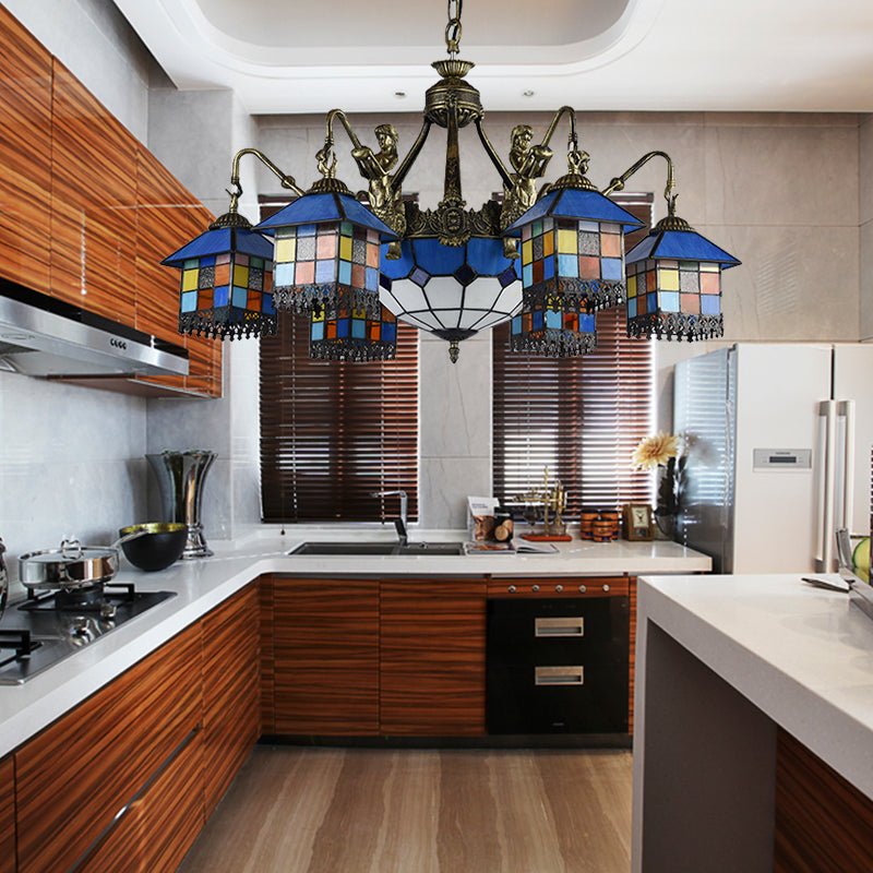 Stained Glass Clear/Blue Hanging Chandelier House 9 Lights Tiffany Pendant Lighting for Dining Room Blue Clearhalo 'Ceiling Lights' 'Chandeliers' 'Clear' 'Close To Ceiling Lights' 'Industrial' 'Middle Century Chandeliers' 'Modern' 'Tiffany Chandeliers' 'Tiffany close to ceiling' 'Tiffany' 'Traditional Chandeliers' Lighting' 181328