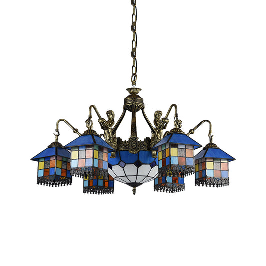 Stained Glass Clear/Blue Hanging Chandelier House 9 Lights Tiffany Pendant Lighting for Dining Room Clearhalo 'Ceiling Lights' 'Chandeliers' 'Clear' 'Close To Ceiling Lights' 'Industrial' 'Middle Century Chandeliers' 'Modern' 'Tiffany Chandeliers' 'Tiffany close to ceiling' 'Tiffany' 'Traditional Chandeliers' Lighting' 181330