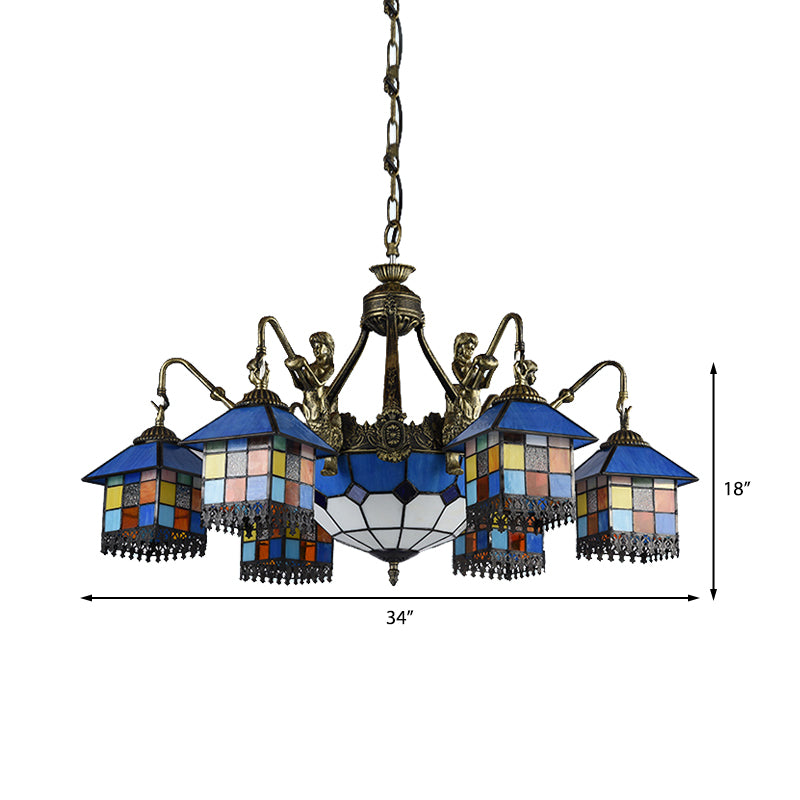 Stained Glass Clear/Blue Hanging Chandelier House 9 Lights Tiffany Pendant Lighting for Dining Room Clearhalo 'Ceiling Lights' 'Chandeliers' 'Clear' 'Close To Ceiling Lights' 'Industrial' 'Middle Century Chandeliers' 'Modern' 'Tiffany Chandeliers' 'Tiffany close to ceiling' 'Tiffany' 'Traditional Chandeliers' Lighting' 181331