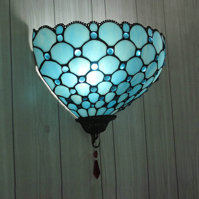 Bowl Wall Mount Light with Fish Scale 1 Light Stained Glass Tiffany Style Blue Wall Lighting Blue Clearhalo 'Industrial' 'Middle century wall lights' 'Tiffany wall lights' 'Tiffany' 'Wall Lamps & Sconces' 'Wall Lights' Lighting' 181365