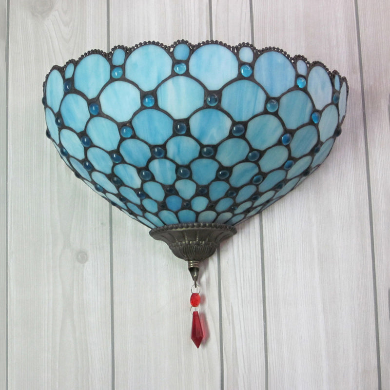 Bowl Wall Mount Light with Fish Scale 1 Light Stained Glass Tiffany Style Blue Wall Lighting Clearhalo 'Industrial' 'Middle century wall lights' 'Tiffany wall lights' 'Tiffany' 'Wall Lamps & Sconces' 'Wall Lights' Lighting' 181366