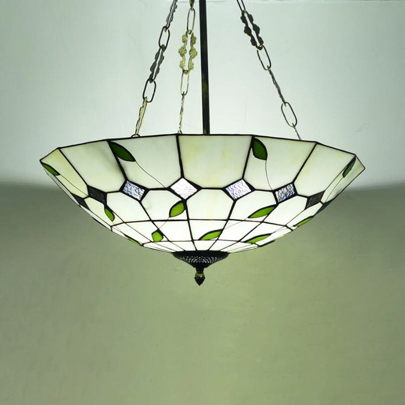 12"/16"/19.5" W Bowl Shade Ceiling Pendant Retro Style Stained Glass Chandelier with Leaf Pattern in Beige for Dining Room Beige 19.5" Clearhalo 'Ceiling Lights' 'Chandeliers' 'Close To Ceiling Lights' 'Close to ceiling' 'Glass shade' 'Glass' 'Semi-flushmount' 'Tiffany close to ceiling' 'Tiffany' Lighting' 181391