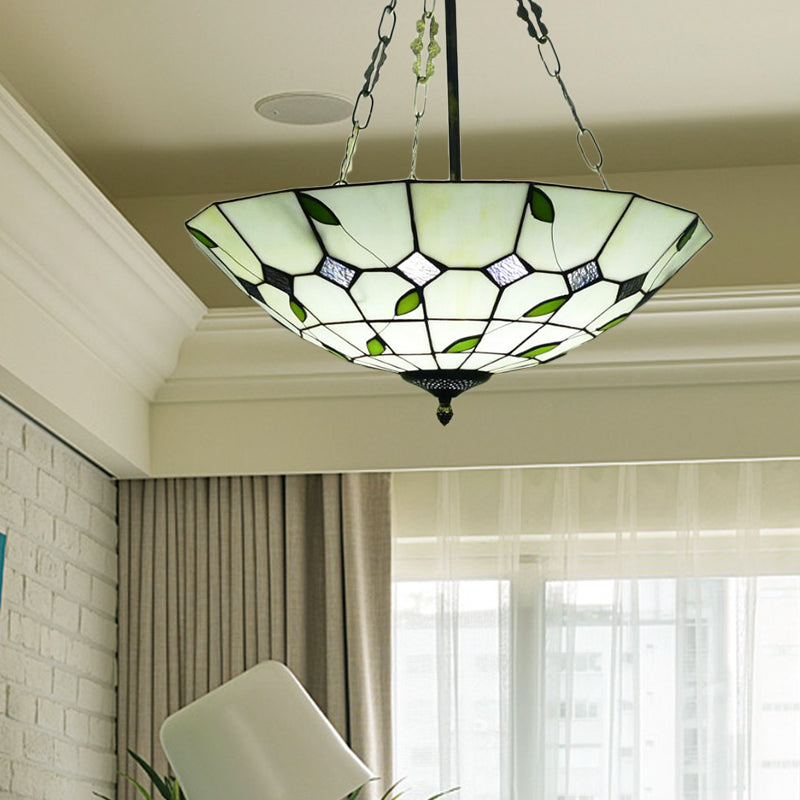 12"/16"/19.5" W Bowl Shade Ceiling Pendant Retro Style Stained Glass Chandelier with Leaf Pattern in Beige for Dining Room Clearhalo 'Ceiling Lights' 'Chandeliers' 'Close To Ceiling Lights' 'Close to ceiling' 'Glass shade' 'Glass' 'Semi-flushmount' 'Tiffany close to ceiling' 'Tiffany' Lighting' 181392