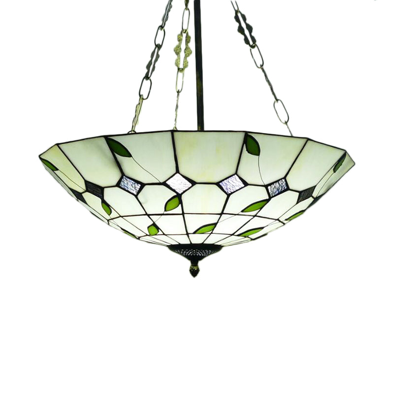 12"/16"/19.5" W Bowl Shade Ceiling Pendant Retro Style Stained Glass Chandelier with Leaf Pattern in Beige for Dining Room Clearhalo 'Ceiling Lights' 'Chandeliers' 'Close To Ceiling Lights' 'Close to ceiling' 'Glass shade' 'Glass' 'Semi-flushmount' 'Tiffany close to ceiling' 'Tiffany' Lighting' 181393