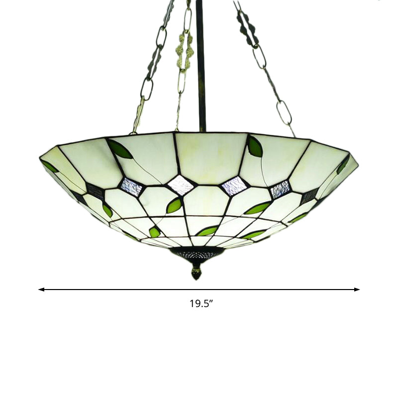 12"/16"/19.5" W Bowl Shade Ceiling Pendant Retro Style Stained Glass Chandelier with Leaf Pattern in Beige for Dining Room Clearhalo 'Ceiling Lights' 'Chandeliers' 'Close To Ceiling Lights' 'Close to ceiling' 'Glass shade' 'Glass' 'Semi-flushmount' 'Tiffany close to ceiling' 'Tiffany' Lighting' 181394