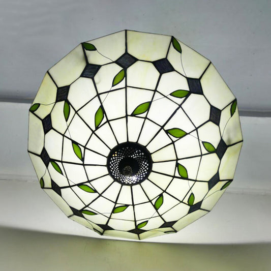 12"/16"/19.5" W Bowl Shade Ceiling Pendant Retro Style Stained Glass Chandelier with Leaf Pattern in Beige for Dining Room Clearhalo 'Ceiling Lights' 'Chandeliers' 'Close To Ceiling Lights' 'Close to ceiling' 'Glass shade' 'Glass' 'Semi-flushmount' 'Tiffany close to ceiling' 'Tiffany' Lighting' 181395
