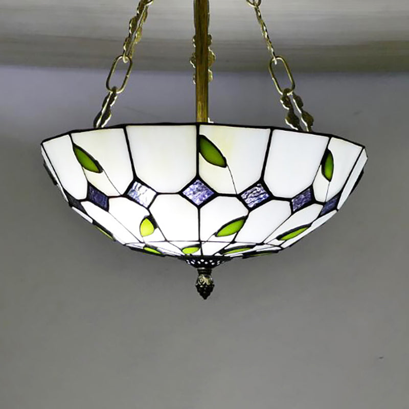 12"/16"/19.5" W Bowl Shade Ceiling Pendant Retro Style Stained Glass Chandelier with Leaf Pattern in Beige for Dining Room Clearhalo 'Ceiling Lights' 'Chandeliers' 'Close To Ceiling Lights' 'Close to ceiling' 'Glass shade' 'Glass' 'Semi-flushmount' 'Tiffany close to ceiling' 'Tiffany' Lighting' 181396