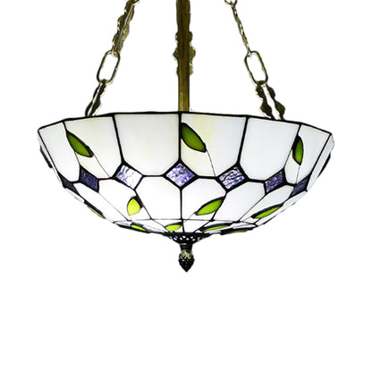 12"/16"/19.5" W Bowl Shade Ceiling Pendant Retro Style Stained Glass Chandelier with Leaf Pattern in Beige for Dining Room Beige 12" Clearhalo 'Ceiling Lights' 'Chandeliers' 'Close To Ceiling Lights' 'Close to ceiling' 'Glass shade' 'Glass' 'Semi-flushmount' 'Tiffany close to ceiling' 'Tiffany' Lighting' 181397