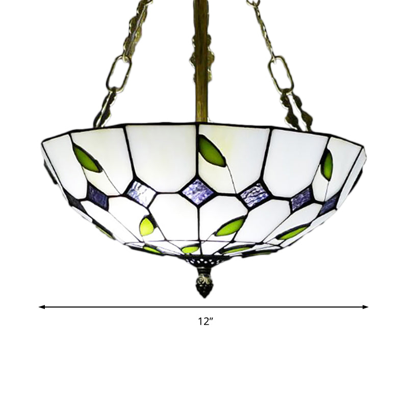12"/16"/19.5" W Bowl Shade Ceiling Pendant Retro Style Stained Glass Chandelier with Leaf Pattern in Beige for Dining Room Clearhalo 'Ceiling Lights' 'Chandeliers' 'Close To Ceiling Lights' 'Close to ceiling' 'Glass shade' 'Glass' 'Semi-flushmount' 'Tiffany close to ceiling' 'Tiffany' Lighting' 181398