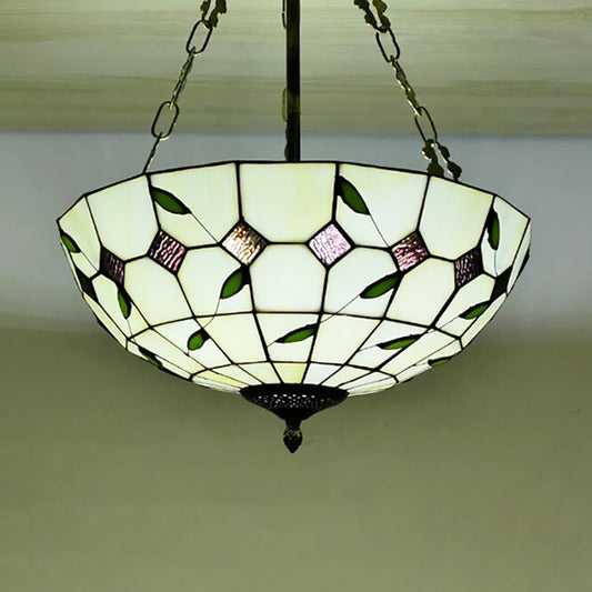12"/16"/19.5" W Bowl Shade Ceiling Pendant Retro Style Stained Glass Chandelier with Leaf Pattern in Beige for Dining Room Beige 16" Clearhalo 'Ceiling Lights' 'Chandeliers' 'Close To Ceiling Lights' 'Close to ceiling' 'Glass shade' 'Glass' 'Semi-flushmount' 'Tiffany close to ceiling' 'Tiffany' Lighting' 181399