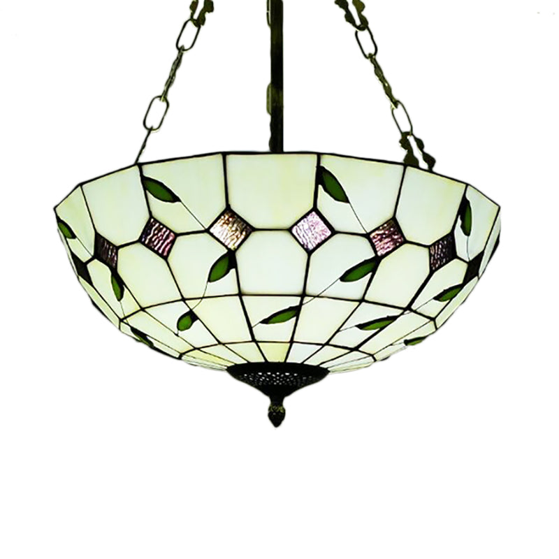 12"/16"/19.5" W Bowl Shade Ceiling Pendant Retro Style Stained Glass Chandelier with Leaf Pattern in Beige for Dining Room Clearhalo 'Ceiling Lights' 'Chandeliers' 'Close To Ceiling Lights' 'Close to ceiling' 'Glass shade' 'Glass' 'Semi-flushmount' 'Tiffany close to ceiling' 'Tiffany' Lighting' 181400