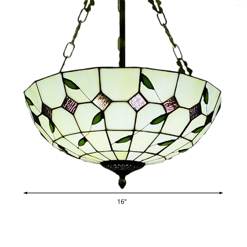 12"/16"/19.5" W Bowl Shade Ceiling Pendant Retro Style Stained Glass Chandelier with Leaf Pattern in Beige for Dining Room Clearhalo 'Ceiling Lights' 'Chandeliers' 'Close To Ceiling Lights' 'Close to ceiling' 'Glass shade' 'Glass' 'Semi-flushmount' 'Tiffany close to ceiling' 'Tiffany' Lighting' 181401