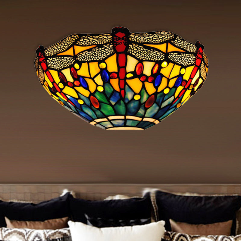 Dragonfly Sconce Lighting Rustic Lodge Stained Glass 1 Light Wall Mount Lighting in Yellow and Green Clearhalo 'Industrial' 'Middle century wall lights' 'Tiffany wall lights' 'Tiffany' 'Wall Lamps & Sconces' 'Wall Lights' Lighting' 181414