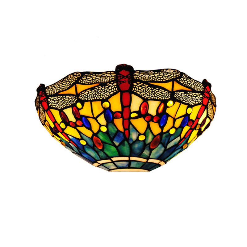 Dragonfly Sconce Lighting Rustic Lodge Stained Glass 1 Light Wall Mount Lighting in Yellow and Green Clearhalo 'Industrial' 'Middle century wall lights' 'Tiffany wall lights' 'Tiffany' 'Wall Lamps & Sconces' 'Wall Lights' Lighting' 181415