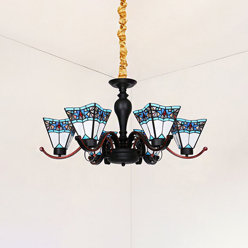 6 Lights Geometric Hanging Light Tiffany Style Stained Glass Inverted Chandelier for Dining Room Clearhalo 'Ceiling Lights' 'Chandeliers' 'Close To Ceiling Lights' 'Industrial' 'Middle Century Chandeliers' 'Tiffany Chandeliers' 'Tiffany close to ceiling' 'Tiffany' Lighting' 181419
