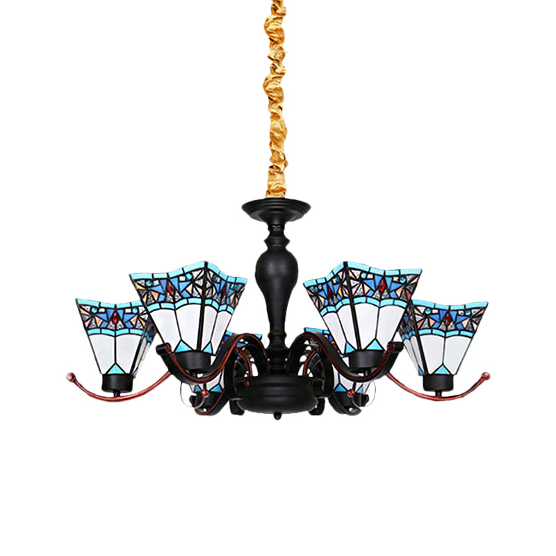6 Lights Geometric Hanging Light Tiffany Style Stained Glass Inverted Chandelier for Dining Room Clearhalo 'Ceiling Lights' 'Chandeliers' 'Close To Ceiling Lights' 'Industrial' 'Middle Century Chandeliers' 'Tiffany Chandeliers' 'Tiffany close to ceiling' 'Tiffany' Lighting' 181420