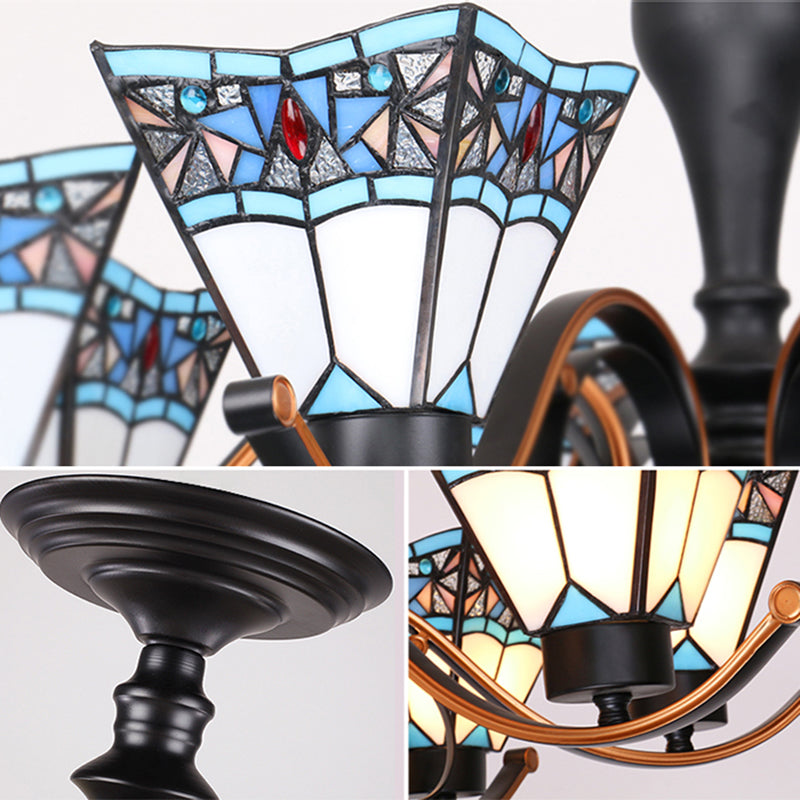 6 Lights Geometric Hanging Light Tiffany Style Stained Glass Inverted Chandelier for Dining Room Clearhalo 'Ceiling Lights' 'Chandeliers' 'Close To Ceiling Lights' 'Industrial' 'Middle Century Chandeliers' 'Tiffany Chandeliers' 'Tiffany close to ceiling' 'Tiffany' Lighting' 181422