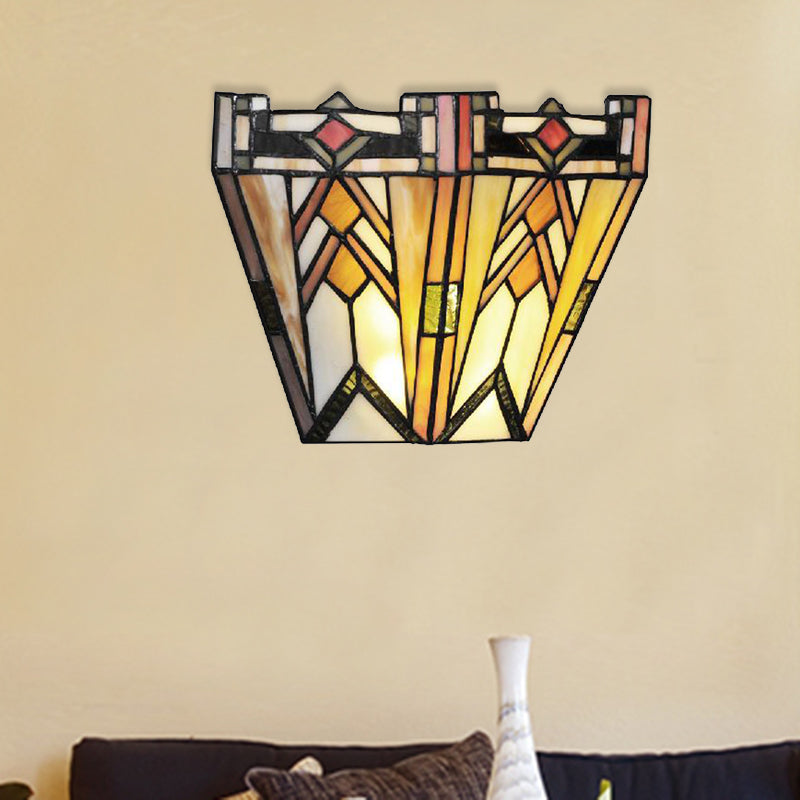 Craftsman Geometric Wall Lamp Stained Glass 1 Light Sconce Lighting in Beige for Living Room Beige Clearhalo 'Industrial' 'Middle century wall lights' 'Tiffany wall lights' 'Tiffany' 'Wall Lamps & Sconces' 'Wall Lights' Lighting' 181427