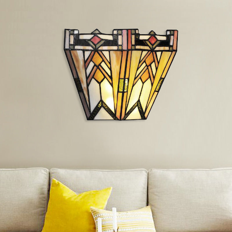 Craftsman Geometric Wall Lamp Stained Glass 1 Light Sconce Lighting in Beige for Living Room Clearhalo 'Industrial' 'Middle century wall lights' 'Tiffany wall lights' 'Tiffany' 'Wall Lamps & Sconces' 'Wall Lights' Lighting' 181428