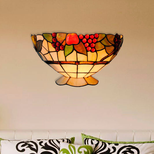 Art Deco Bowl Wall Lighting with Fruit Pattern Lodge Stained Glass 1 Bulb Wall Sconce Light Beige Clearhalo 'Industrial' 'Middle century wall lights' 'Tiffany wall lights' 'Tiffany' 'Wall Lamps & Sconces' 'Wall Lights' Lighting' 181455