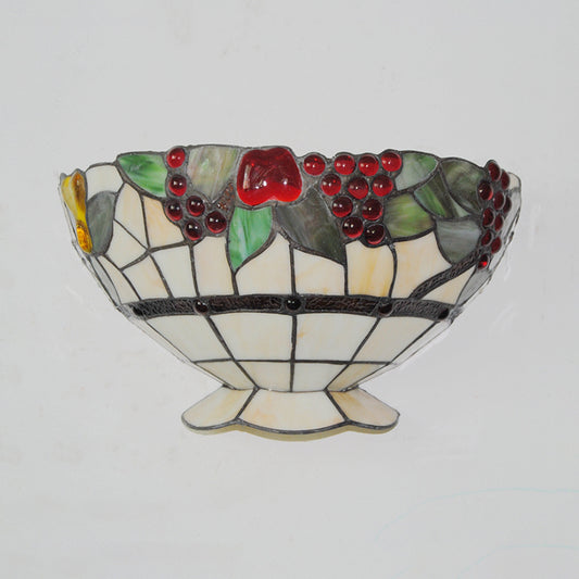 Art Deco Bowl Wall Lighting with Fruit Pattern Lodge Stained Glass 1 Bulb Wall Sconce Light Clearhalo 'Industrial' 'Middle century wall lights' 'Tiffany wall lights' 'Tiffany' 'Wall Lamps & Sconces' 'Wall Lights' Lighting' 181456